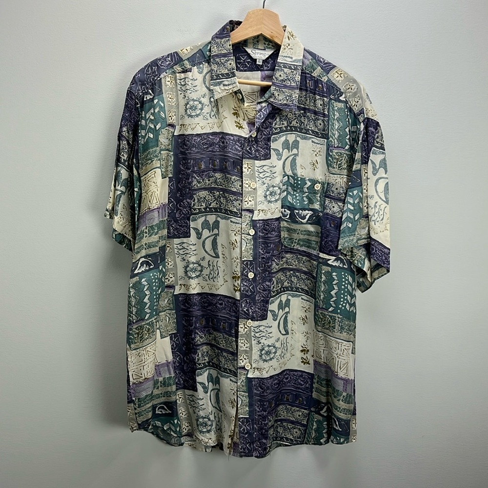 Vintage Spring Italy Silk Shirt Mixed Print Mens Large European Eclectic Grandpa